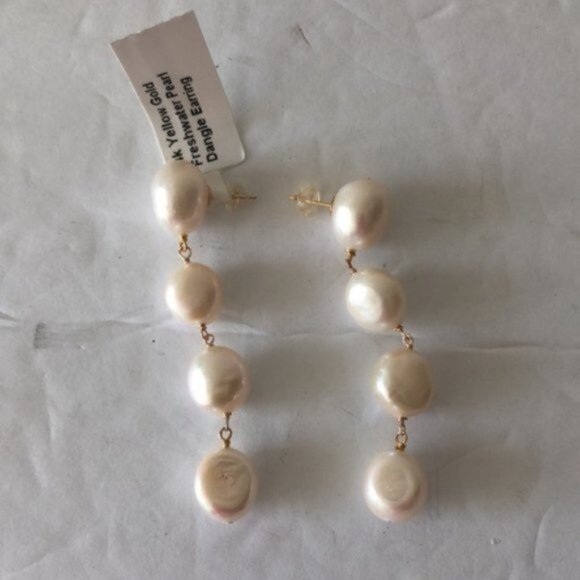 AMA TREASURES Made In The Usa 14kt Gold Freshwater Pearl Dangle Earrings 2 1/4in - Picture 4 of 5